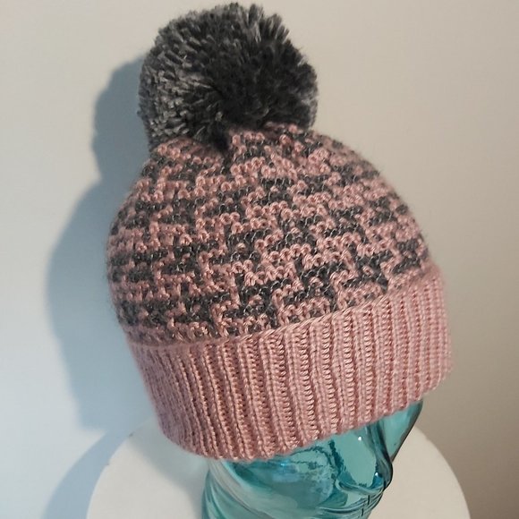 Accessories - Handmade Knitted Hat - Pink Gray Pompom